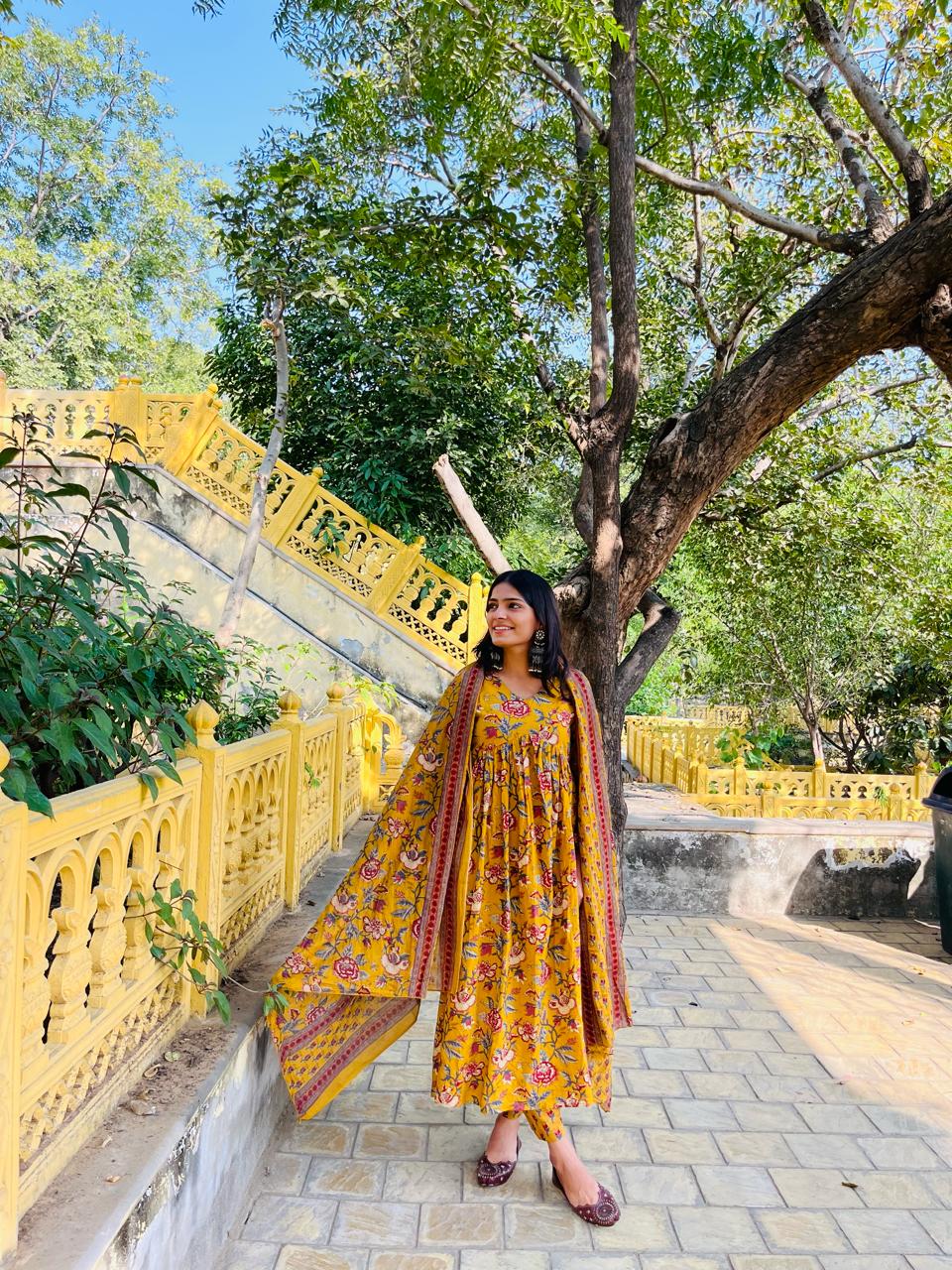 YELLOW FLORAL LONG KURTI SET WITH DUPATTA